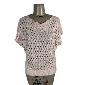 Women’s Wool Blend Jumper Pullover Soft Pink Metallic Zig Zag Open Knit Top